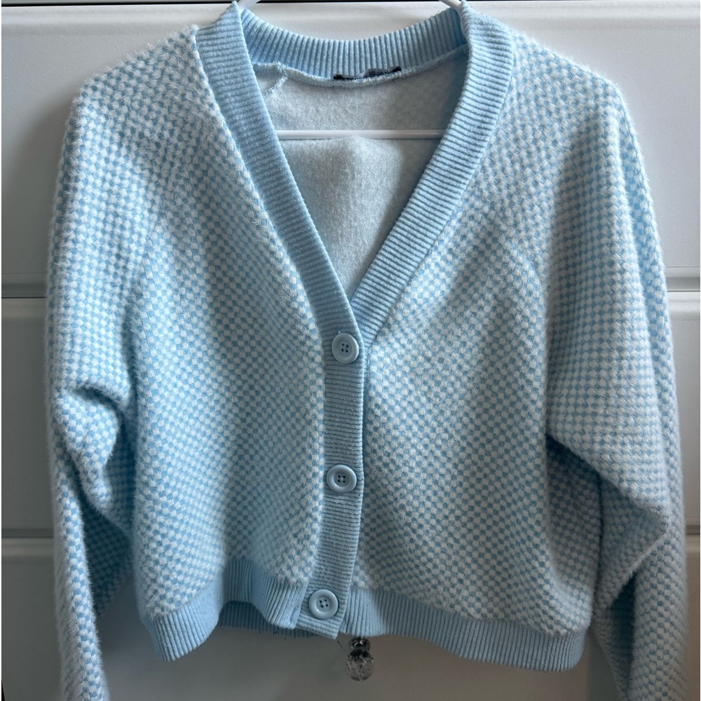 ZARA blue and white checkered fuzzy sweater